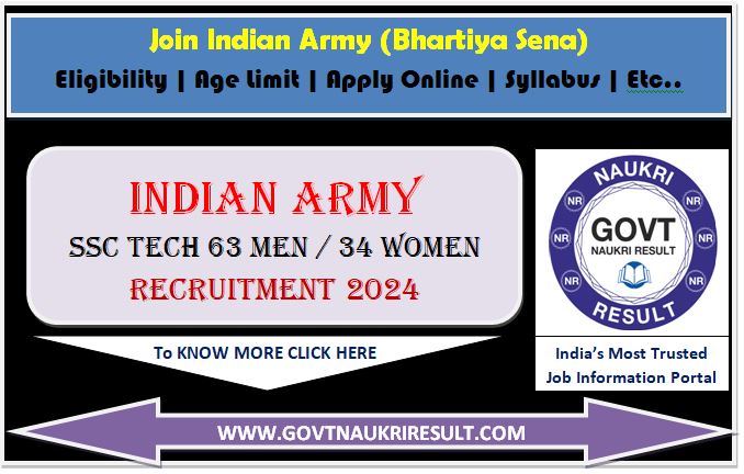  Army SSC Tech 63 Men / 34 Women Entry Online Form 2024  