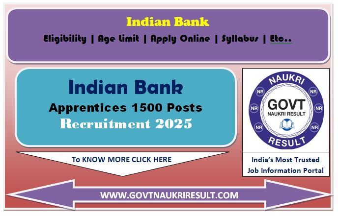  Indian Bank Apprentices Online Form 2025 for 1500 Post 