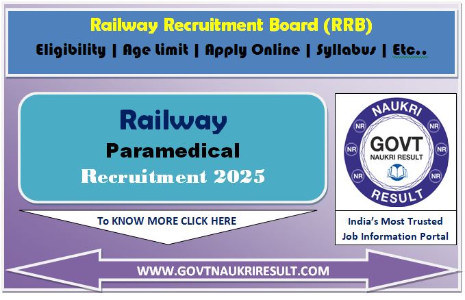  Railway RRB Paramedical Post Online Form 2025 for 434 Post 