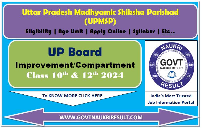  UP Board Improvement Form 2024, UP Board Compartment Form 2024, UPMSP Improvement / Compartment Form 2024, Govt Naukri Result 