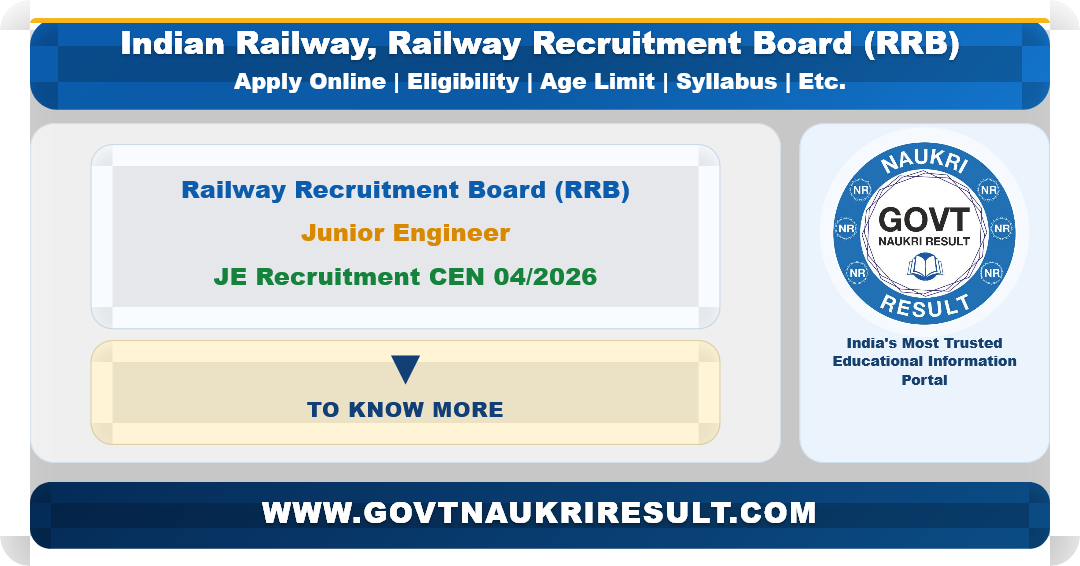 Railway RRB Junior Engineer CEN 04/2026 Recruitment 2026 Apply Online for 4028 Post, Vacancy Increase